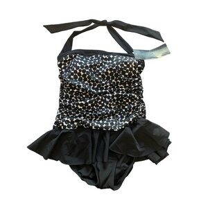 Halter Black White Tie Back Aqua Green Swimsuit Size Small NWT #6986